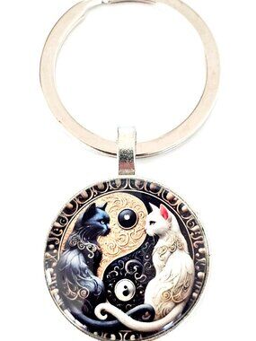 Yin Yang Black White Cat Keychain Balance Spiritual Unity Harmony Meditate Gift